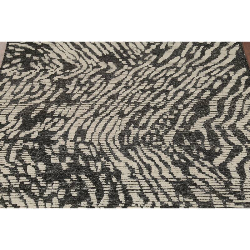 Black & Ivory Moroccan Abstract Rug Hand-Knotted Wool Carpet - 5'11"x 9'2"