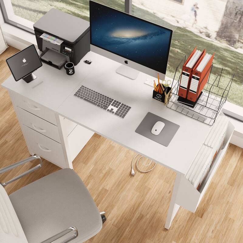 Anmytek 3 Drawer Home Office Desk with Built In Power Outlets Modern Writing Desk for Small Spaces Study Desk Computer Desk