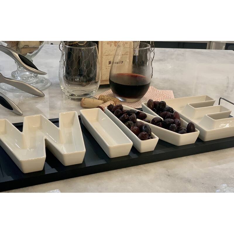 Red Vanilla WINE Serving Dishes with Wooden Tray