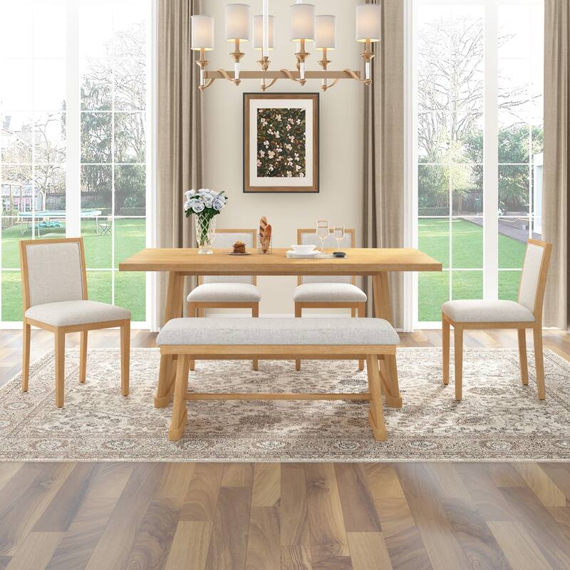 59.8" Farmhouse Dining Table with 4 Upholstered Chairs and 1 Padded Bench