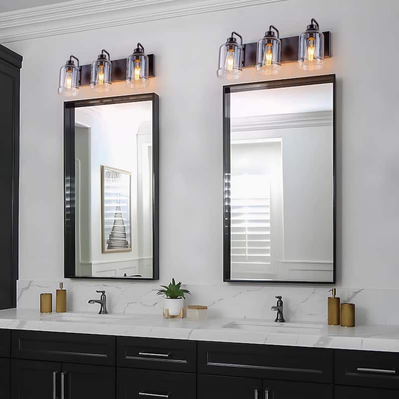 Starsky Modern Farmhouse 3‑Light Vanity Wall Light with Clear Decorative Glass Shades, E26 Bulb Base, Oil Rubbed Bronze Finish