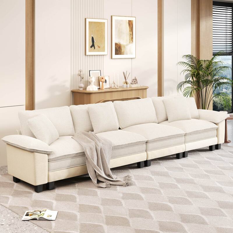 MAISON ARTS Cloud Modular Deep Seat Sofa, Chenille or Corduroy Sectional Couch with Removable Arms, 1–4 Seater - Off-White Corduroy(4 Pieces) - Symmetrical