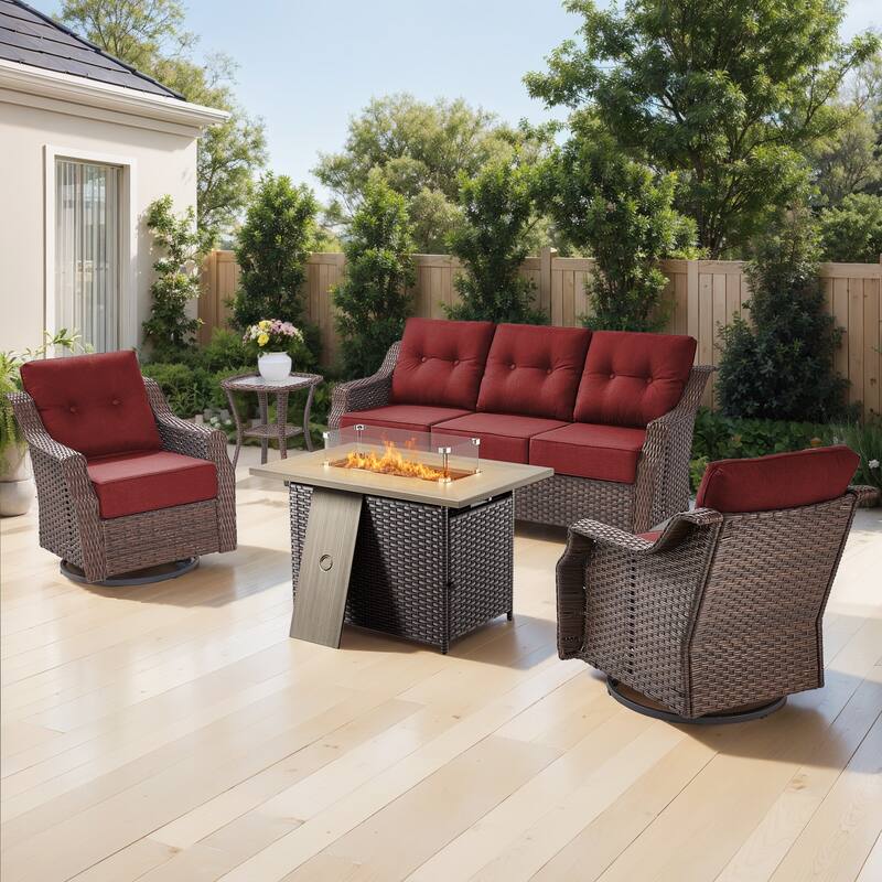 Gymojoy Wicker Patio Furniture Sofa Set with Fire Pit Table, 6-Inch Ultra Thick Cushioned 360° Swivel Glider Chairs