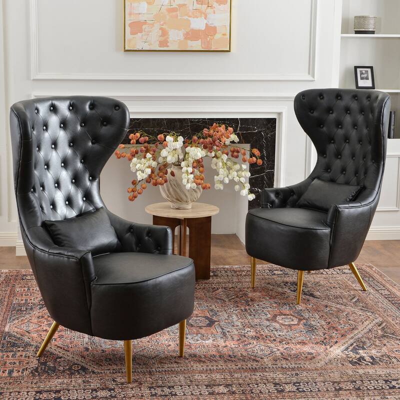 KINWELL Upholstered Tufted Faux Leather Wingback Chair PU Accent Chair