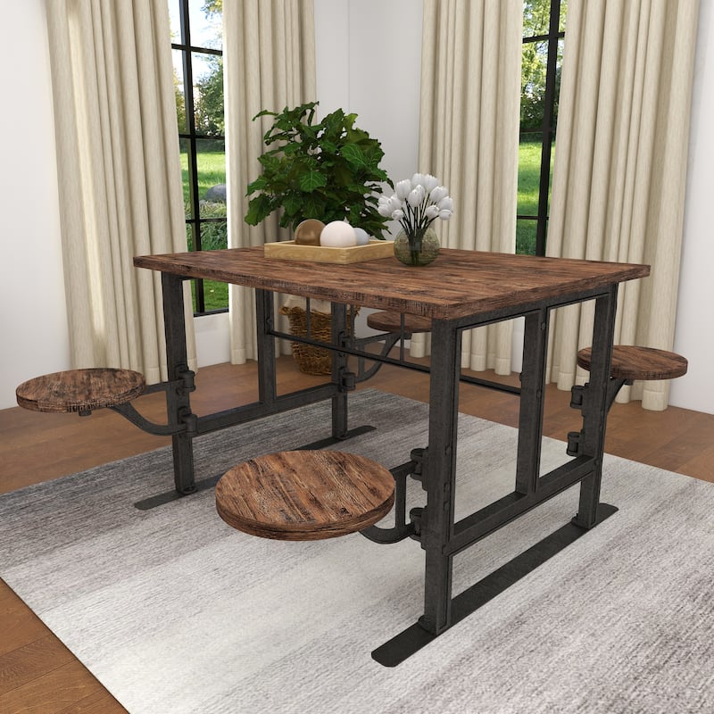 Brown Teak Wood Dining Table with Two, Four or Eight Attached Seats