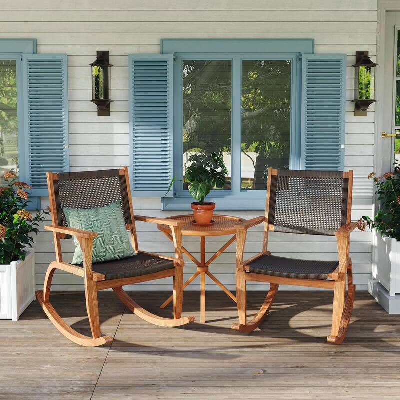 Outdoor Rocking Chair Set - 2 Acacia Wood Rockers with Wicker Rattan Seat & Backrest