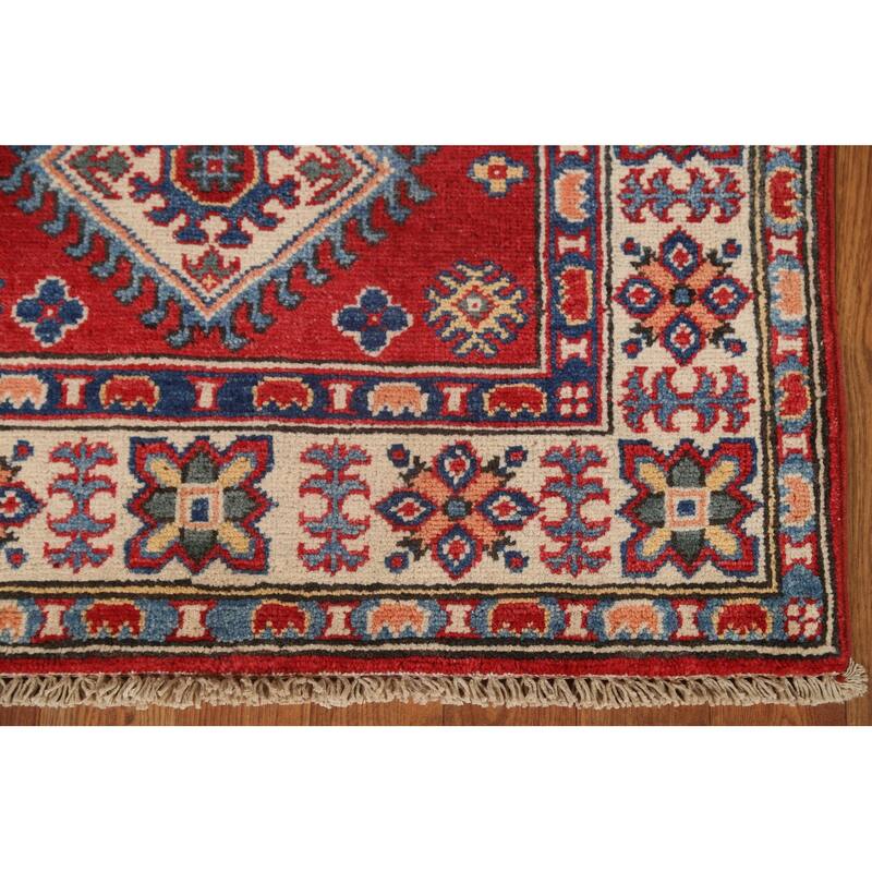 Red Geometric Kazak Oriental Wool Runner Rug Handmade Hallway Carpet - 2'8" x 9'9"
