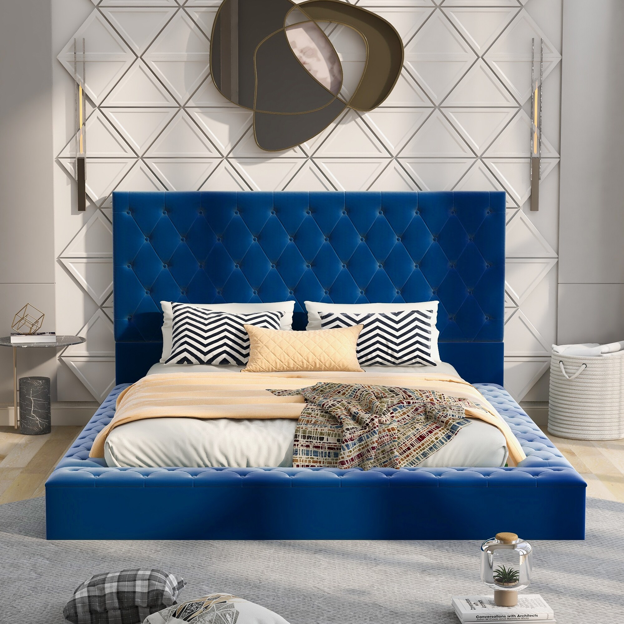 Quuen Upholstered Platform Bed with Wingback Headboard and Storage