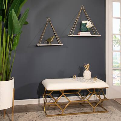 Wooden Triangle Shelf Set in White and Gold Metal and Wood Set of 2 Mounted Wall Shelves for Home or Office 20" &