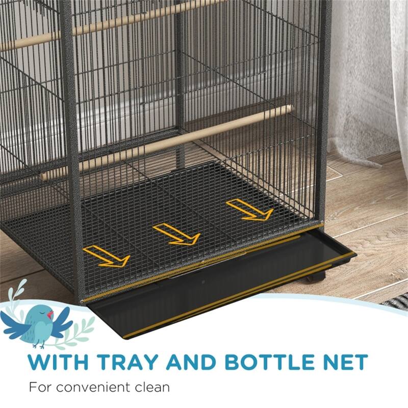 Gray Metal Bird Cage with Sliding Doors Perches Swing and Wheels for Small to Medium Birds - 19" L x 18" W x 29.25" H