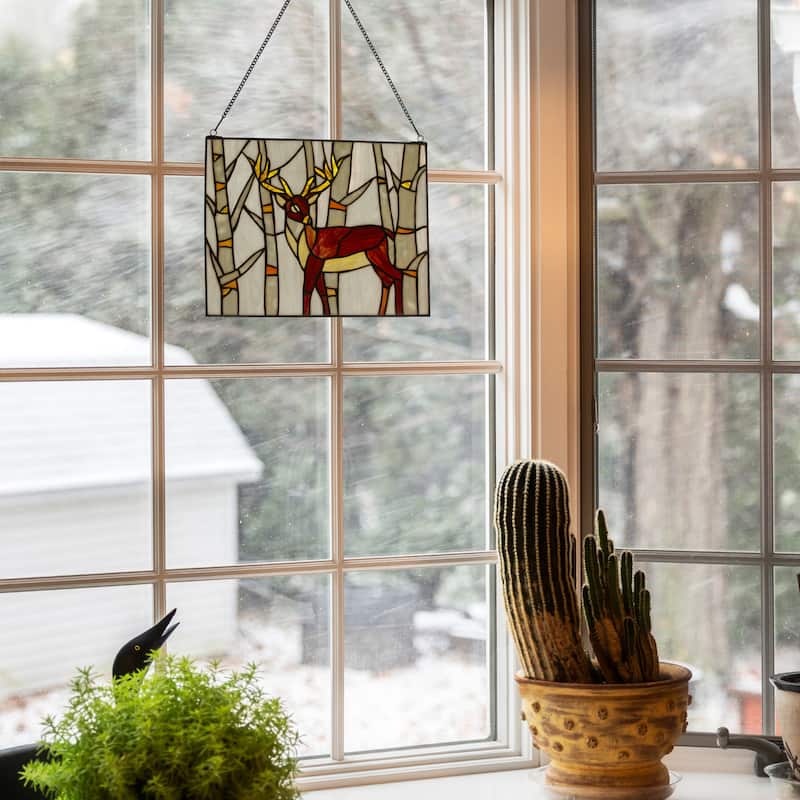 River of Goods Woodland Stag River of Goods Brown and Amber Stained Glass Window Panel - 14" x 0.25" x 11"