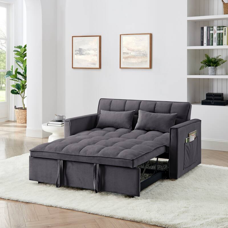 Anmytek 54.33 Inch Space-Saving Velvet Sofa Bed - 3 Lengths Foldable Pull-Out Adjustable Back - Antique Gray