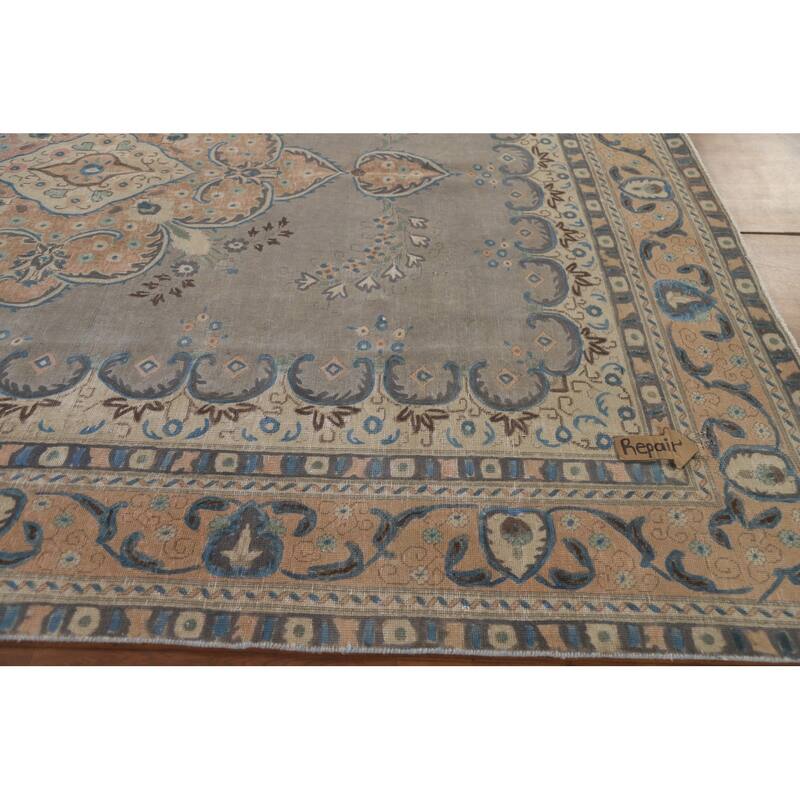 Hand Knotted Oriental 100% Wool Carpet Traditional Floral Greys & Charcoal Tabriz Area Rug - 12' 6'' X 9' 4''