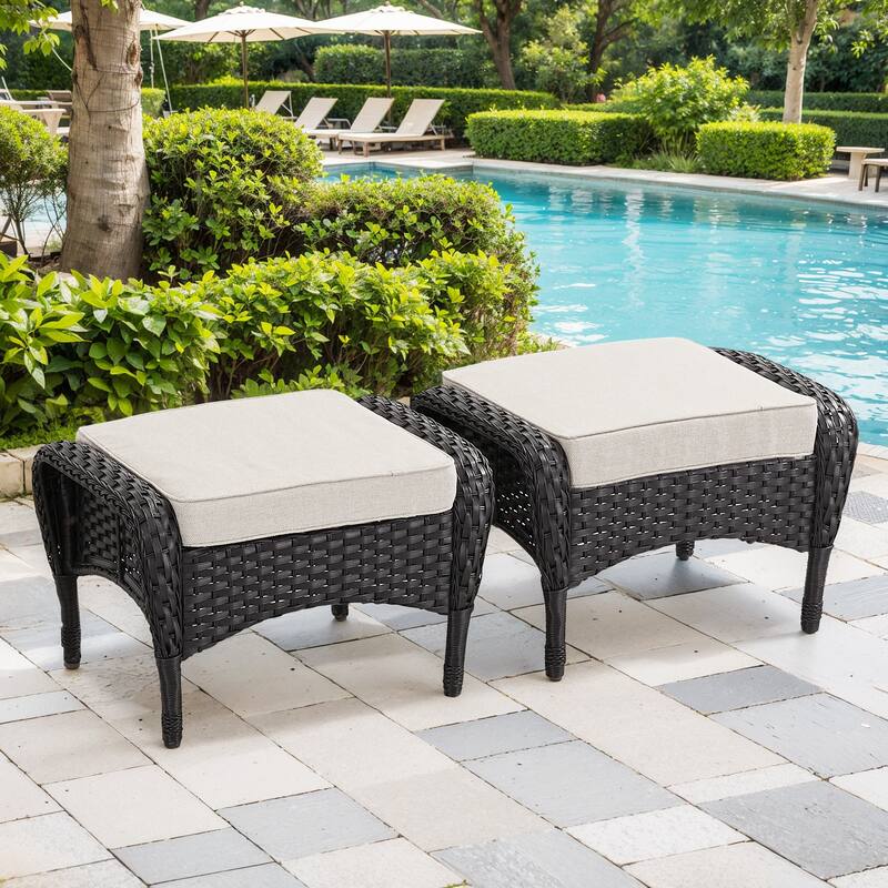 2 Pieces All Weather Rattan Wicker Ottoman Seat - Black - Beige