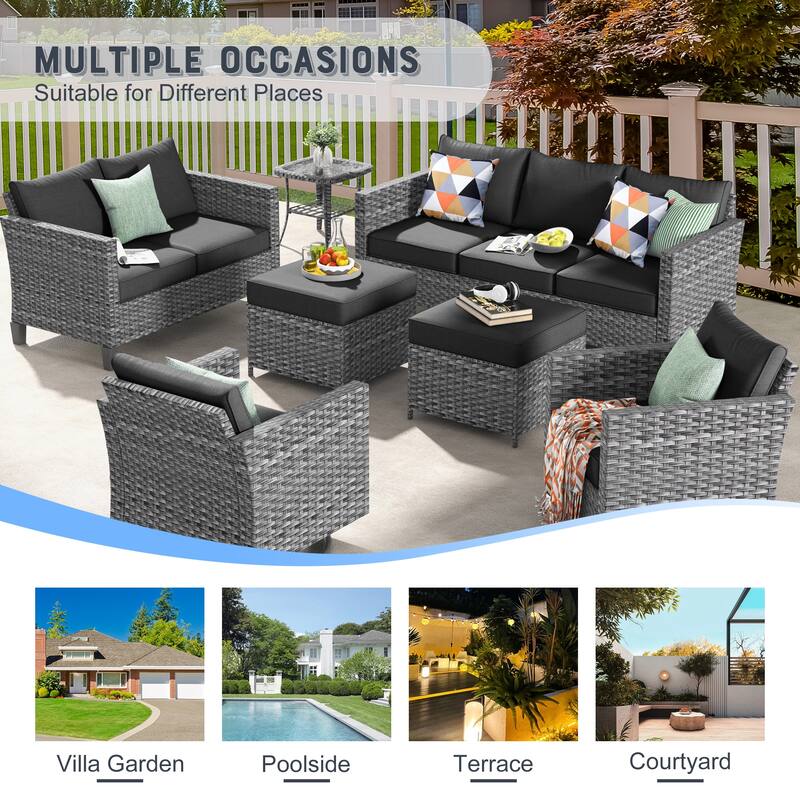 OVIOS 7-piece Wicker Sectional Sofa Swivel Rocking Chair Set