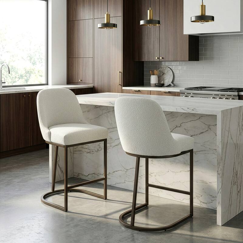 Set of 2 Ayane White Boucle Counter Stool with Iron Legs