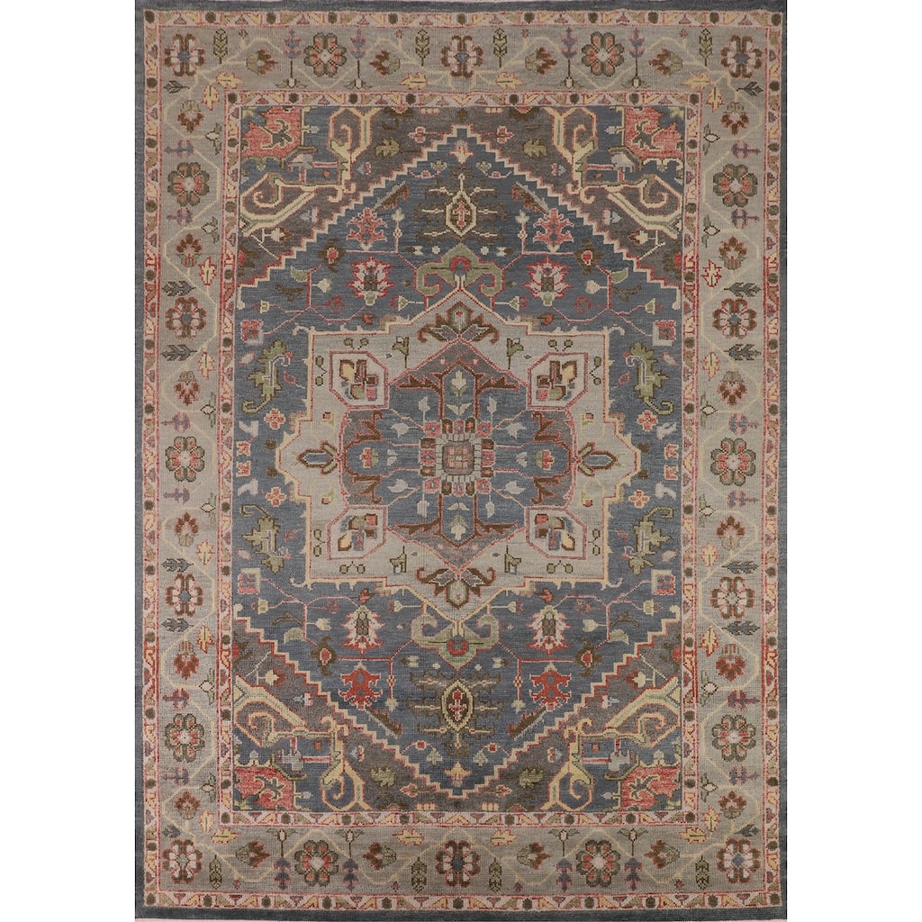 Blue Geometric Heriz Serapi Oriental Area Rug Hand-Knotted Wool Carpet - 9'3"x 11'9"
