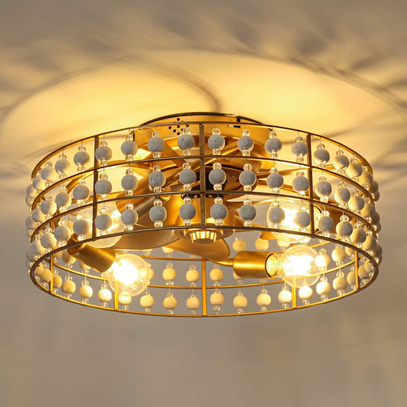 18.3 in. Bohemian Wood Bead Gold Ceiling Fan with Light and Remote - 18.31" D x 18.31" W x 7.5" H