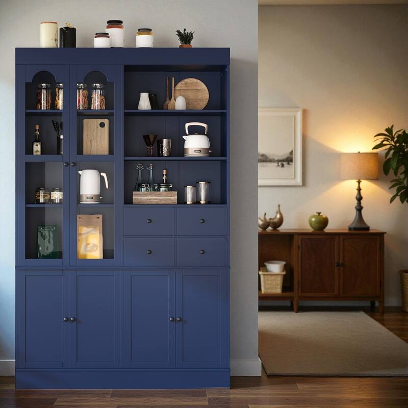 75" Freestanding Kitchen Pantry Buffet with Hutch, 4 Drawers, Glass Doors, Adjustable Shelves and Pull-Out Trays