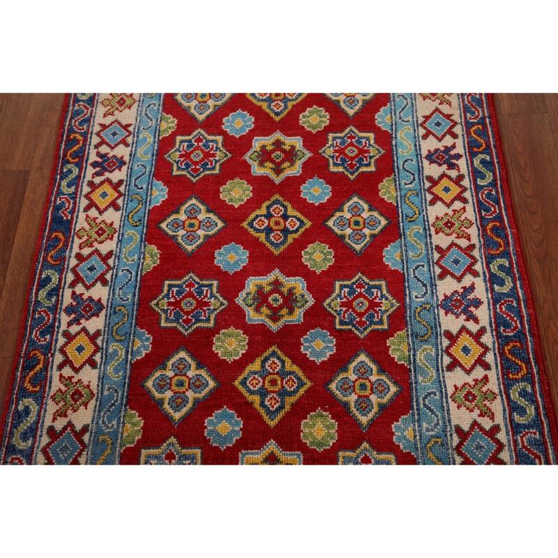 Kazak Accent Rug Hand-Knotted Geometric Red Wool Carpet - 2'8" x 4'1"