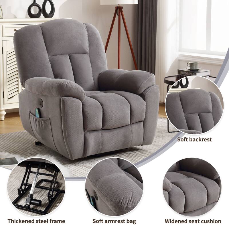 Grey Electric Power Lift Recliner Chair featuring Heat, Massage, Infinite Positions, USB Charging, and Side Storage
