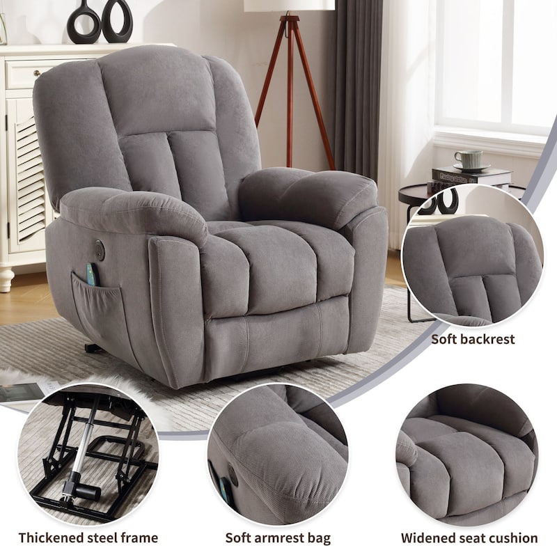 Grey Lift Recliner for Seniors with Heated Massage, USB Port, Side Pockets, and Durable Fabric Upholstery