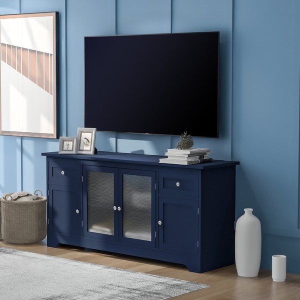 Navy TV Stand with 4 Doors Adjustable Panels Open Style Cabinet