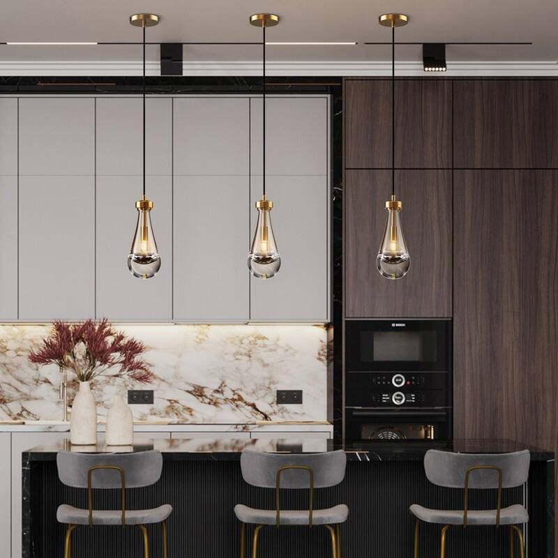 KAYLA Farmhouse Chandelier for Staircase, Foyer, Glass Pendant Light Fixture for Kitchen Island (Bulb Included) - 1 - Brass