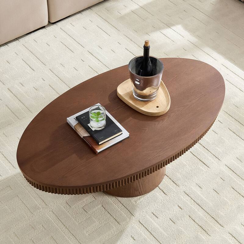 Ellipse Drum Accent Table Modern Oval Handcraft Coffee Table with Fluted Design and Sturdy Pedestal for Living Room