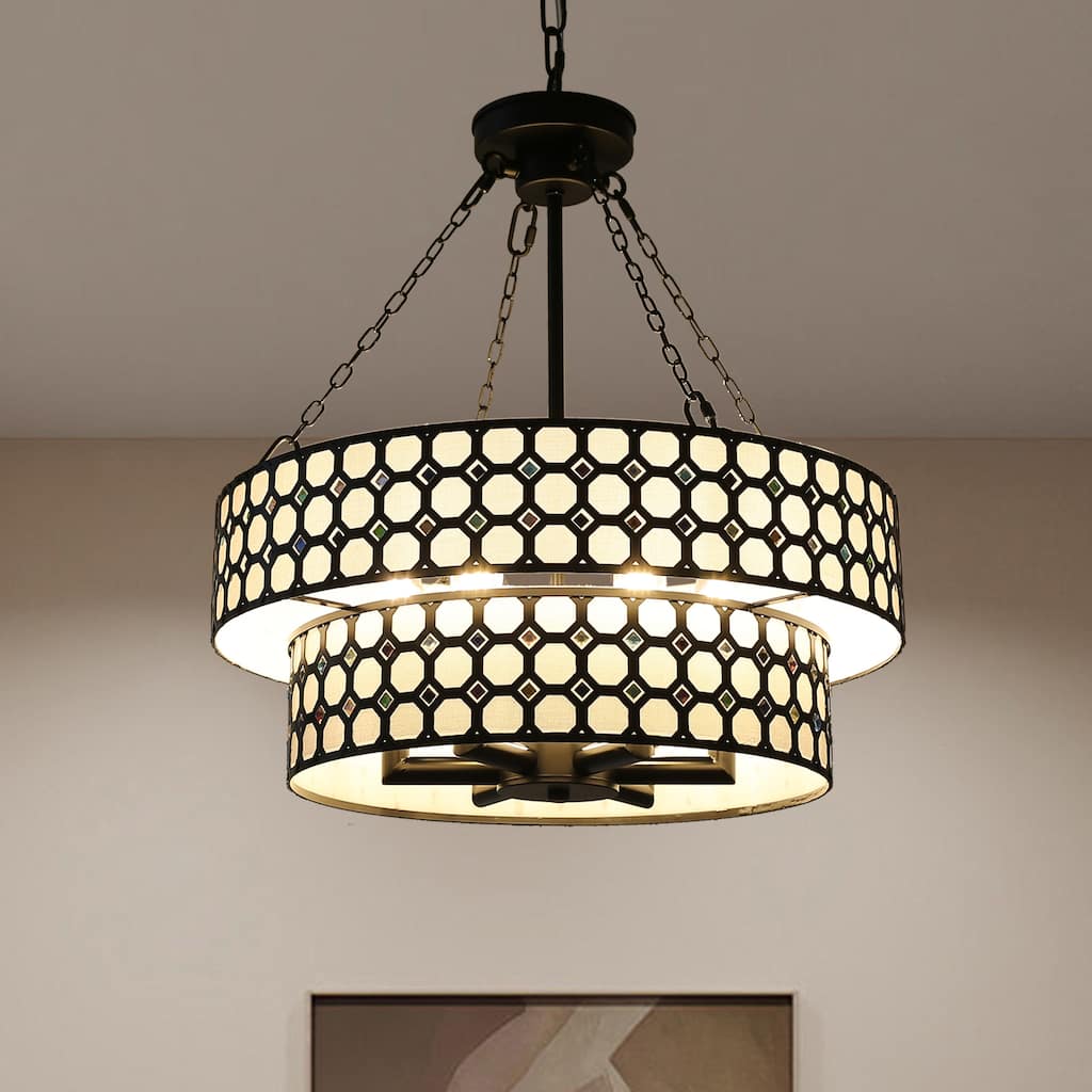 20" Modern Matte Black Two-Tier Drum-Shaped Light Fixture, 6 Lights with Adjustable Hanging Chain for Dining Room and Bed Room