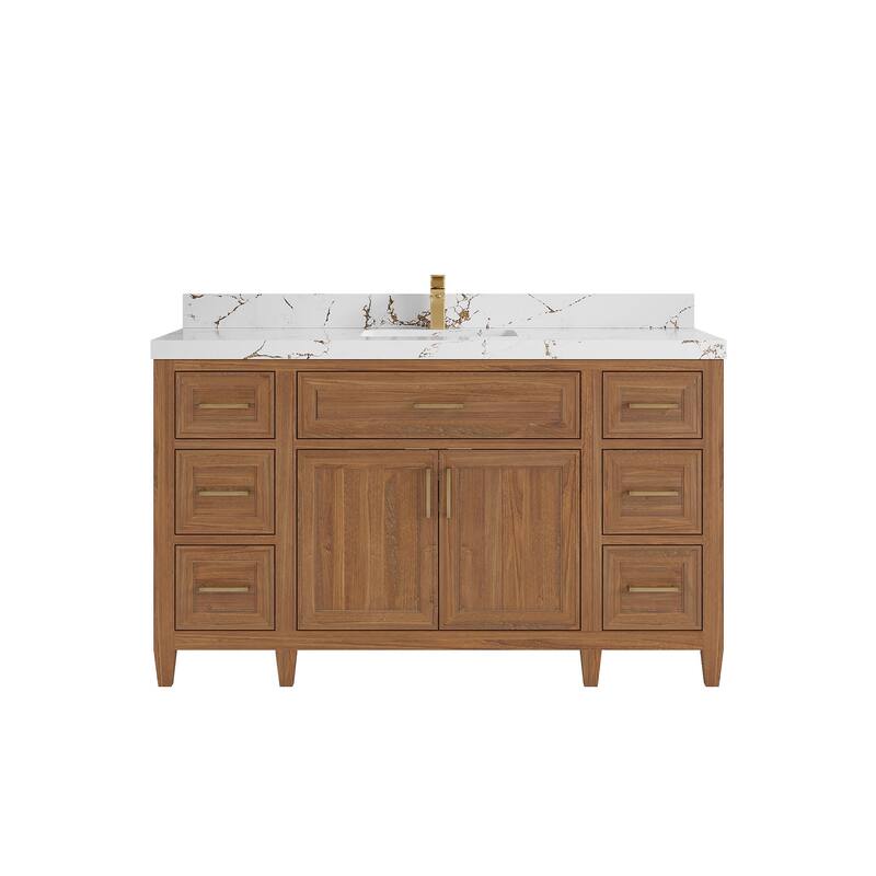 Willow Collections 60 in. W x 22 in. D Santa Monica Teak Single Sink Bathroom Vanity with Countertop - 2"Viola Brown - Dark Natural