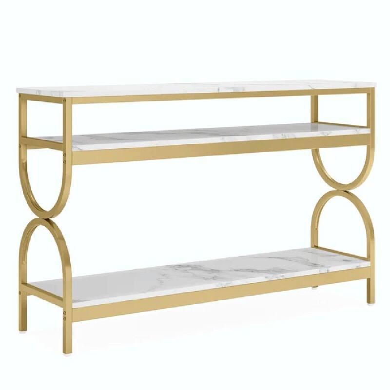 55" White & Gold Console Table with Faux Marble Top and 3-Tier Storage