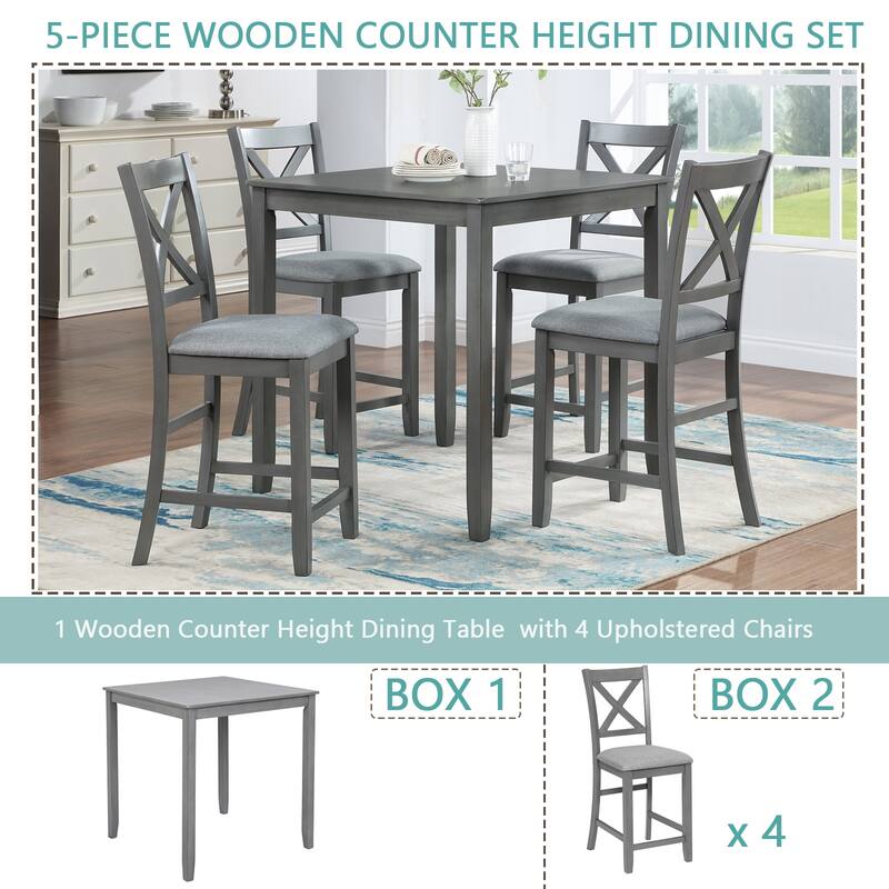 5 Piece Dining Table Set, Wooden Counter Height Kitchen Table Set with 1 Square Table and 4 Upholstered Chairs
