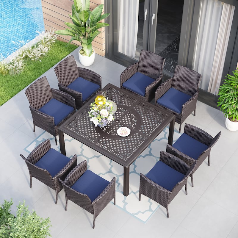 9 Pieces Patio Dining Set Outdoor Rattan Wicker Dining Furniture Set with Umbrella Hole
