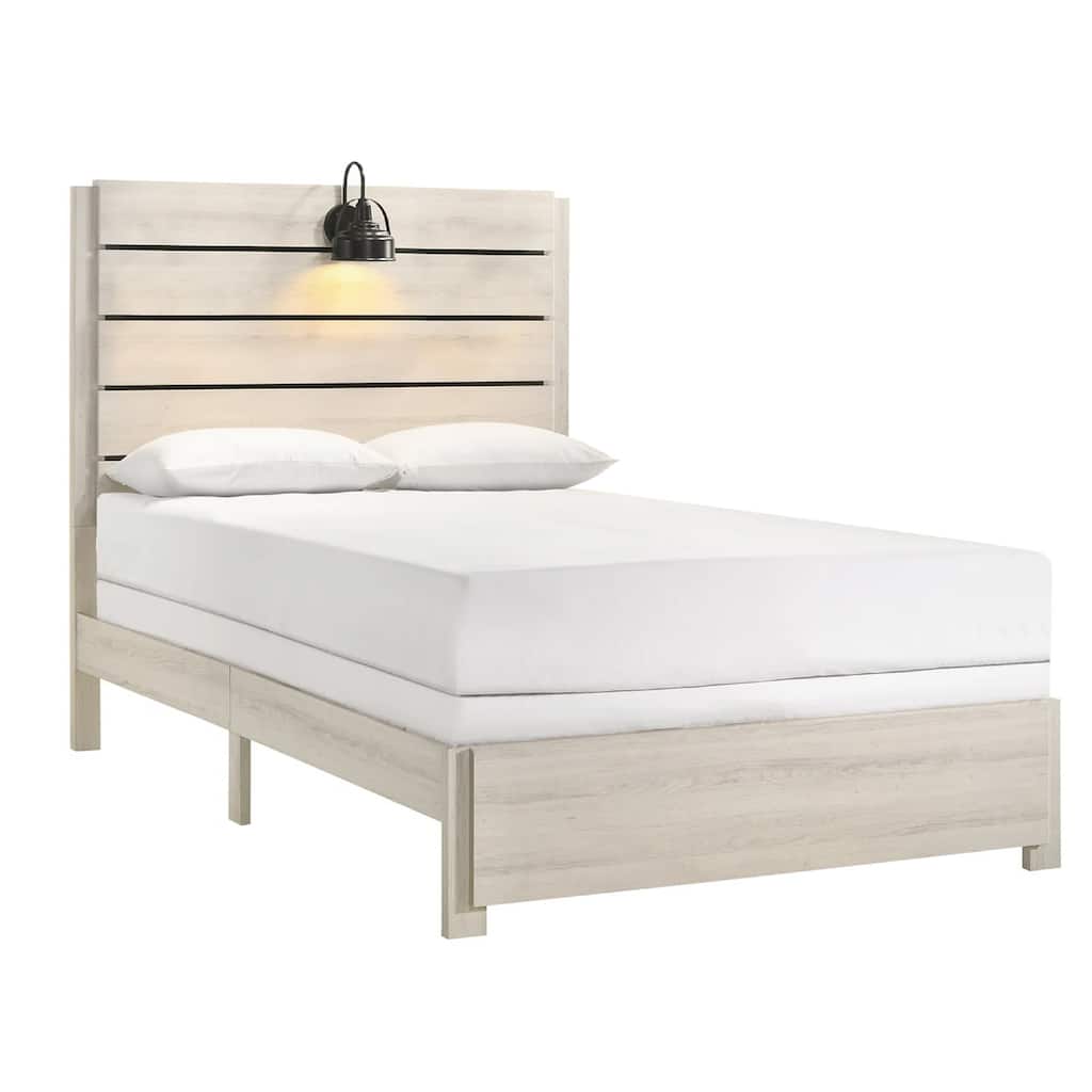 Lei Full Size Bed with Tall Slatted Headboard, Distressed White Wood