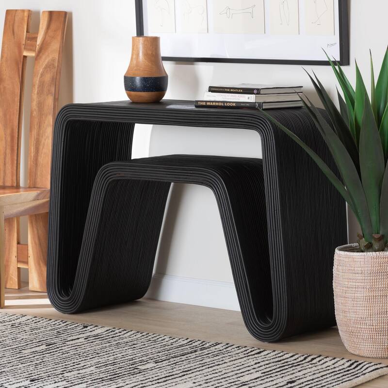 Abebi Black Rattan Console Table - Modern Accent Table with Waterfall Silhouette and Open Hairpin Legs, Boho Coastal Style