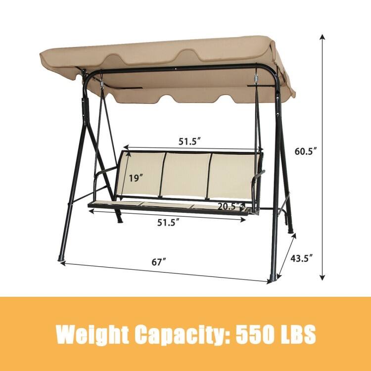 3 Person Steel Frame Patio Swing with Polyester Angle and Adjustable Canopy - Brown - 67" x 43.5" x 60.5" (L x W x H)