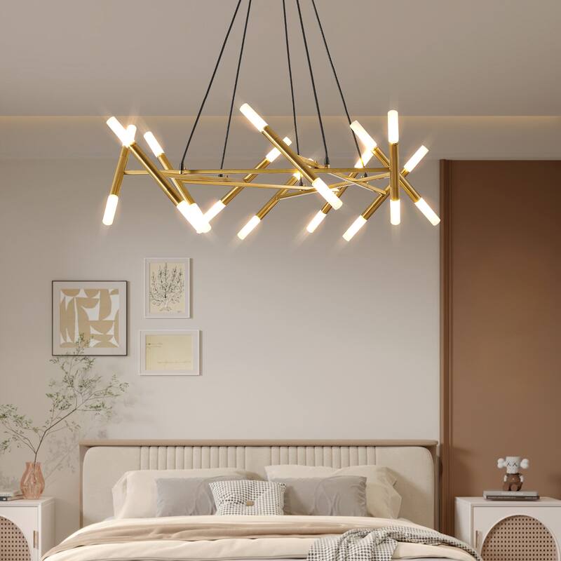 Modern Golden Chandelier with Frosted Tubes, Black Cords, for Dining Room, Living Room and Kitchen Island, Bulb Not Included