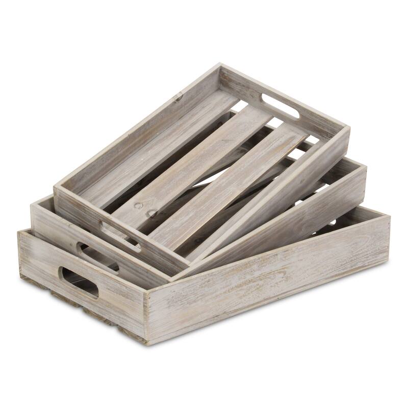 HomeRoots 19" Gray Rectangular Wood Handmade Tray With Handles