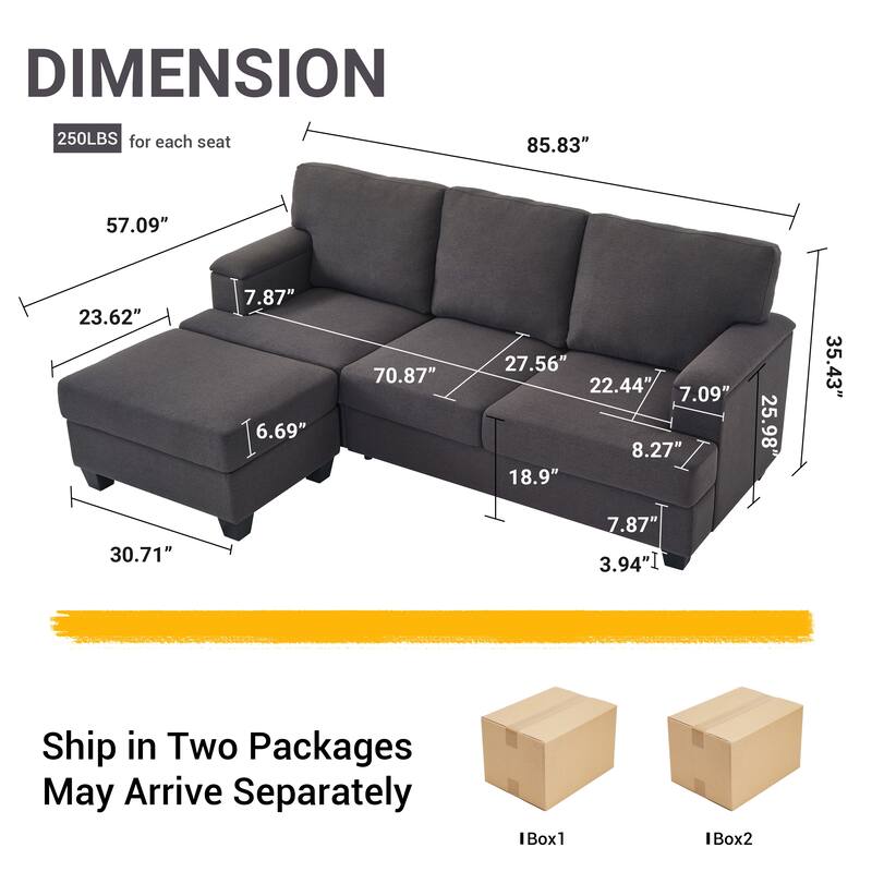 L Shaped 3 Seats Sofa with Armrest Organizer, Linen Sectional Sofa with Movable Ottoman, Comfy Upholstered 3 Seater Couch,