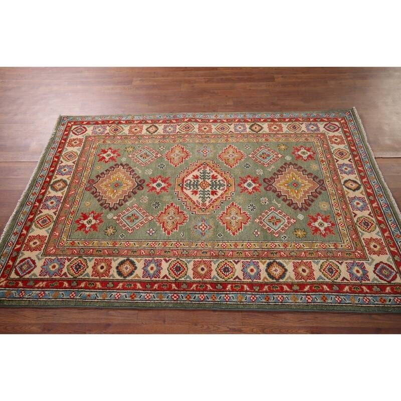 Hand Knotted Oriental 100% Wool Carpet Traditional Geometric Green Kazak Area Rug - 5' 11'' X 4' 0''