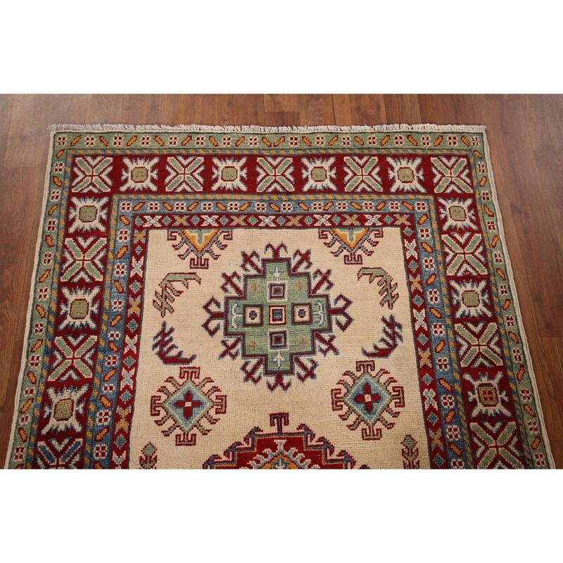 Geometric Beige Kazak Accent Rug Hand-Knotted Wool Carpet - 3'3" x 5'1"