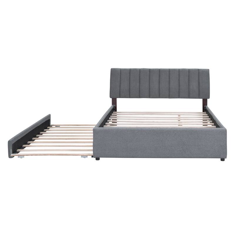 Queen Upholstered Platform Bed with Stripe Headboard, LED Lighting, and Twin XL Trundle