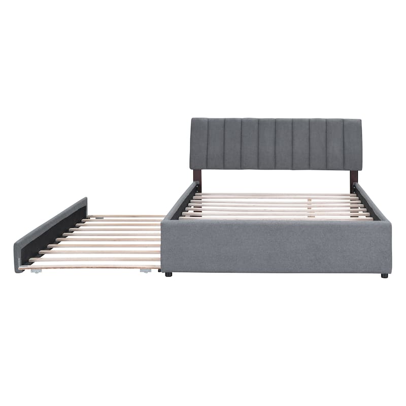 Teddy Fleece Queen Size Upholstered Platform Bed with Twin XL Trundle, Gray