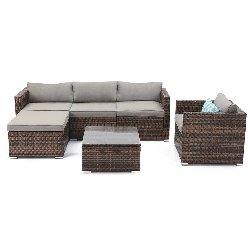 COSIEST Outdoor 6-Piece Wicker Sectional Sofa, Armchair with Ottoman