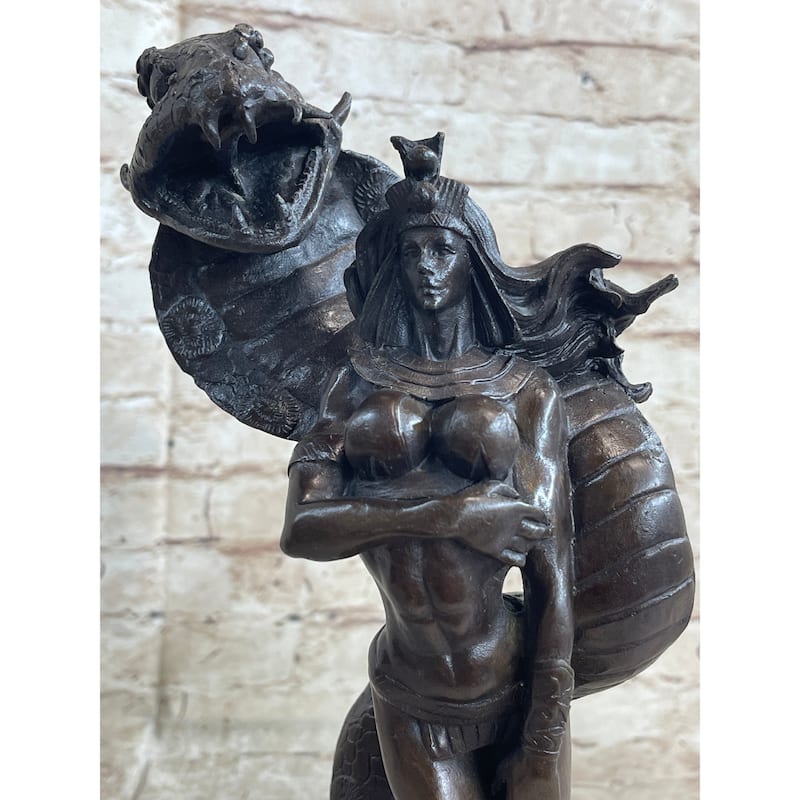 Muscular Woman In Egyptian Headdress W/ Cobra Imitative Snake Fantasy Figure Bronze Sculpture