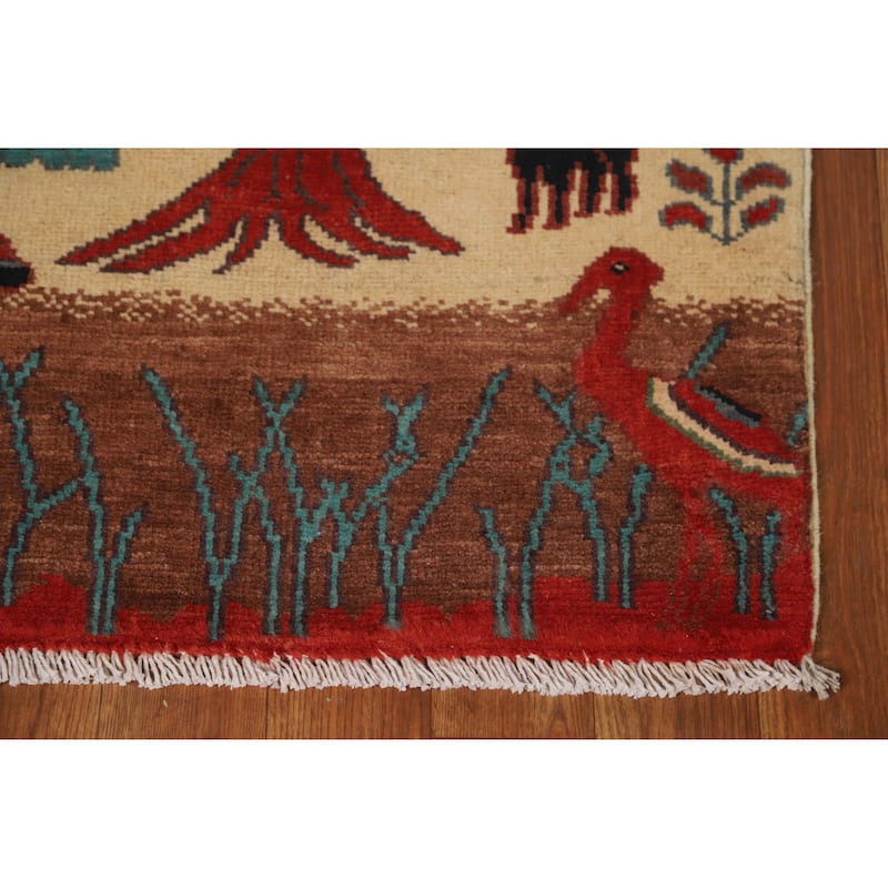 Animals Pictorial Kazak Oriental Accent Foyer Rug Handmade Wool Carpet - 2'0"x 3'0"