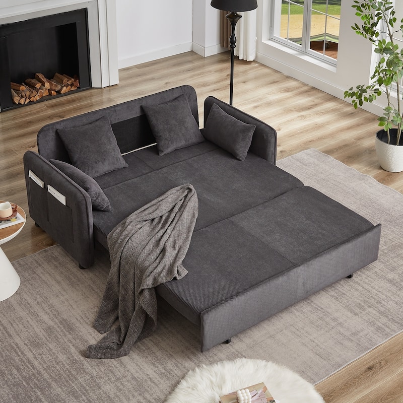 66 Inch Sleeper Sofa Bed with Pullout Bed 4 Pillows and Side Pockets Soft Corduroy Convertible Sleeper Sofa Bed