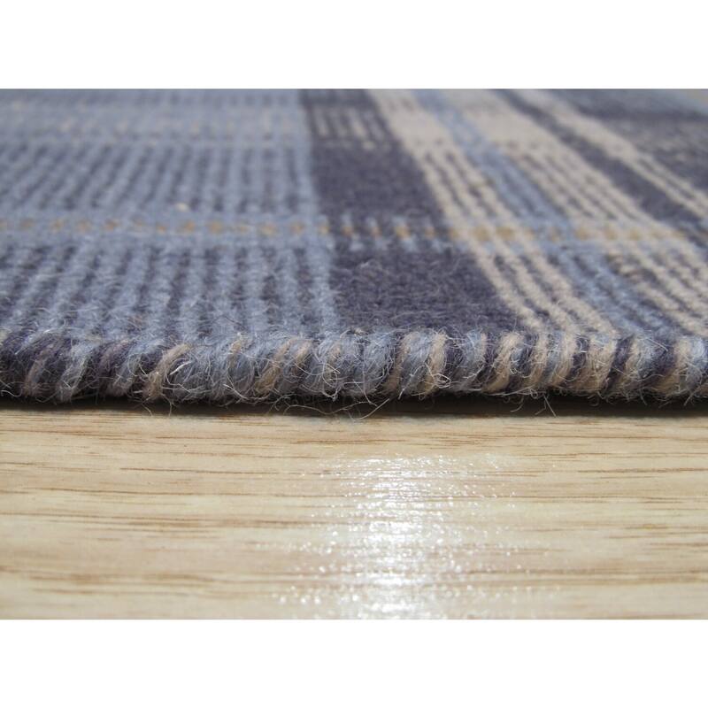 Blue Handmade Wool Transitional Plaid Rug, 10' x 14', Plush Soft Statement Design - L