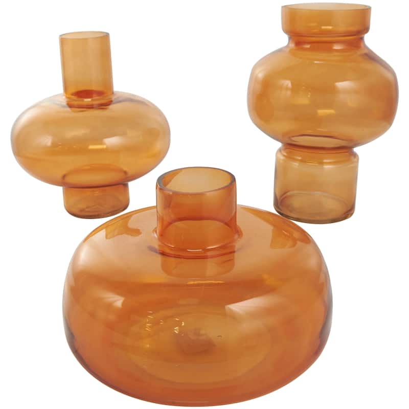 Glass Round Decorative Vase with Varying Shapes and Sizes - Set of 3 Blue, Green, Orange - Roche River Decor - Orange - 12", 10", 7"H